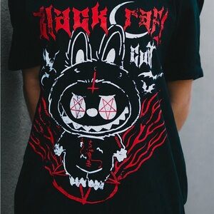 Black Graphic Tee with Red and White Design